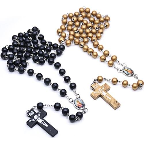 Handmade Cropped Needle Wooden Rosary Beads Necklace Cross Religious Pendant Christian Catholic Ornaments Jewelry Accessories
