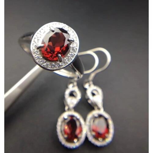 Natural red garnet gem jewelry sets natural gemstone ring Earrings 925 silver Luxury pillow round women fine wedding jewelry