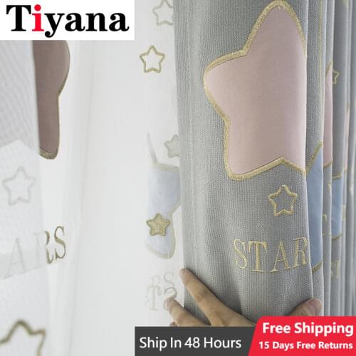 Grey Embroidered Velvet Stars White Sheer Tulle Window Curtains For Living Room Bedroom Modern curtain cloth for Kid Room JK07Y