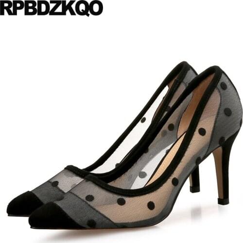 Black Big Size Pumps Polka Dot High Heels Scarpin Sandals 3 Inch 33 Pointed Toe 12 44 Brand Women Shoes 2018 Mesh 11 43 Ladies