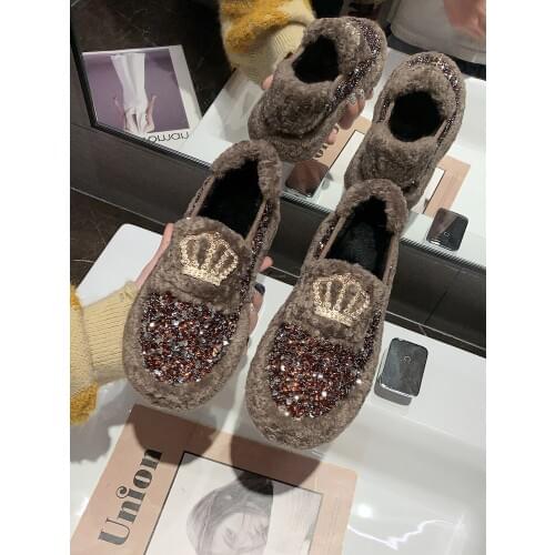 Round Toe All-Match Women Shoes Autumn Female Footwear Loafers Fur 2020 Fashion Womens Crystal Casual Sneaker Fall Dress Modis