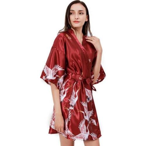 Summer Women Ice Silk Fabric Lady Nightgown Crane Flower Print Short Bathrobe Ladies Dressing Gowns robe femme