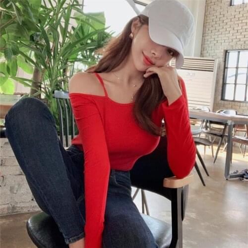 Sexy off-the-shoulder South Korea T-shirt female New Spring Solid sexy Slim Fit skinny Tee Women Casual Long Sleeve Tshirt Tops