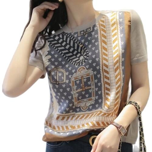 Fashion Womens Knitwear 2021 Summer New Printed Silk Stitching Knitted Temperament All-match Short Sleeve T-shirt