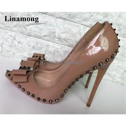 Women Elegant Pointed Toe Nude Patent Leather Bowtie Thin Heel Pumps 8cm 12cm High Heels Formal Dress Shoes Wedding Shoes