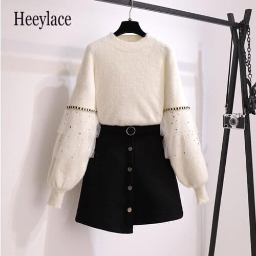2020 winter warm sweet korean two piece set for women lace patchwork long sleeve sweater and irregular button tweed skirts sets