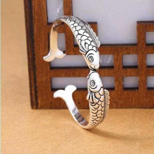 Fine Retro Jewelry 925 Sterling Silver Vintage Pisces Kiss Fish Personality Auspicious Opening Bracelets for Women Bangles SB096