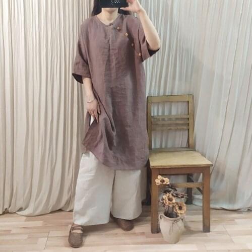 Women Summer Ramie Dress Ladies Loose Handmade Button Dress Ladies Vintage Dresses 2020
