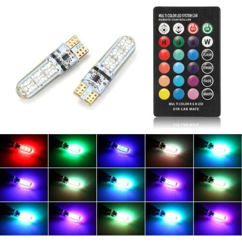 2Pcs/1set 12V LED T10 W5W 5050 SMD 1.2W Auto Car RGB LED Interior Dome Wedge Reading Light Strobe Lamp Bulb With Remote Control