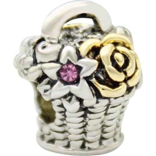 Flower basket charm beads golden flower pink crystal amulet original brand design DIY jewelry Fit Pandora Bracelet Necklace