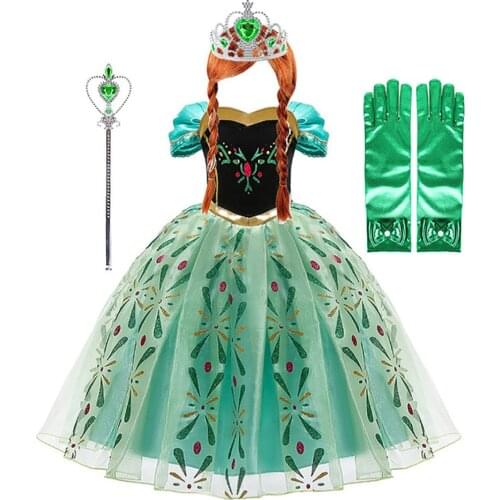 Children Princess Costume Green Party Anna Fancy Dress Up New Christmas Girl Birthday Carnival Disguise Embroidered Frock Clothe