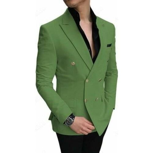 Double Breasted Men Suits Olive Green and Black Groom Tuxedos Peak Lapel Groomsmen Wedding Best Man ( Jacket+Pants+Tie ) D6
