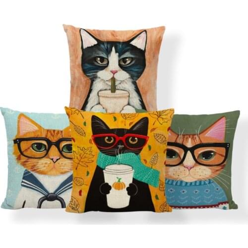 Customized Cartoon Pillowcase Orange Cat Leaves Scarf Square Pillow Living Room Decoration 45*45Cm Polyester Linen Cushion Cover