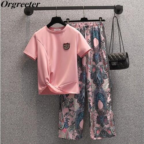 Retro Printted Elegant Ladies Two piece Trousers Sets 2021 Summer New Beaded Cross Tshirt With Side Diamond Wide leg Pants Suits