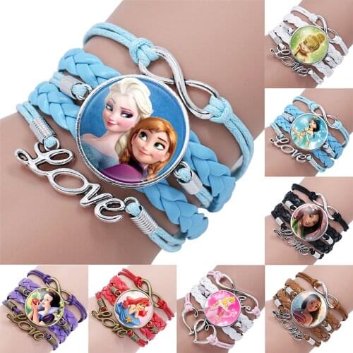 Disney Multilayer Woven Bracelet Princess Frozen 2 Elsa,Anna,Snow White,Moana Anime Figure Series Gemstone Wristband Girl Gifts