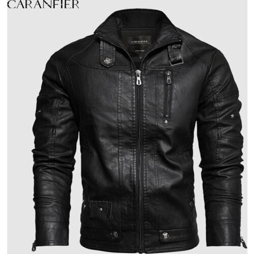 CARANFIER Men Jacket Winter Warm Leather Jackets Men Motorcycle Leather Coat Casual Zipper PU Jacket Slim Fit Stand Collar Coats