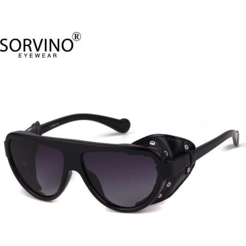 SORVINO Vintage PU Leather Side Shades Round Sun Glasses Luxury Brand Steampunk Gothic Goggles Polarized Sunglasses for Men
