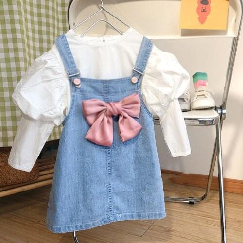 Autumn New Girls' Clothing Sets Puff Sleeve Top And Big Bow Denim Strap Skirt Suit 2Pcs Children Outfits Baby Kids Clothes