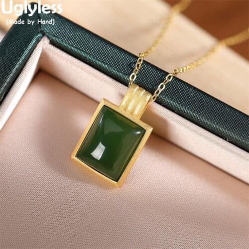 Uglyless Natural Green Jade Jasper Necklaces for Women MINI Square Gemstones Pendants NO Chains Cube Minimalist Fashion Jewelry