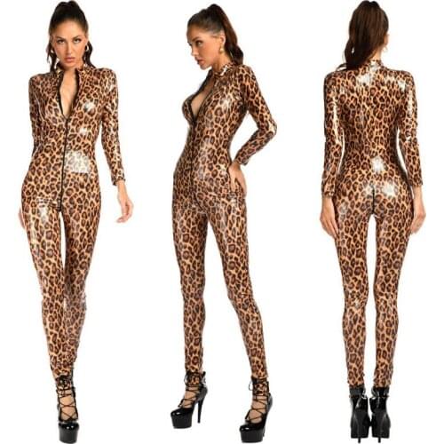 Sexy Glossy PU Leather Leopard Print Catsuit Jumpsuits Bodysuit Long Sleeve Zip Open Crotch Romper Costume