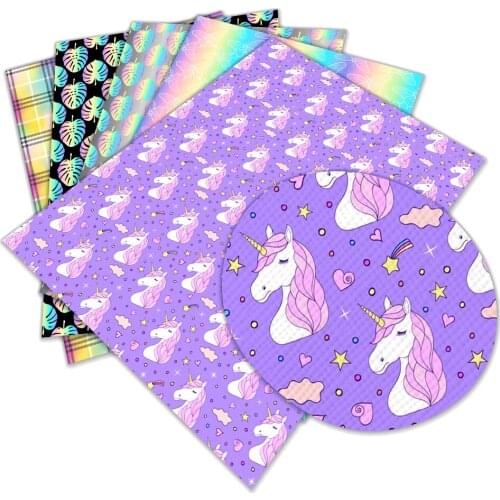 Unicorn Pattern Printed Faux Leather Rainbow Gradient Sheets for Diy Hair Accessories A4 22*30cm