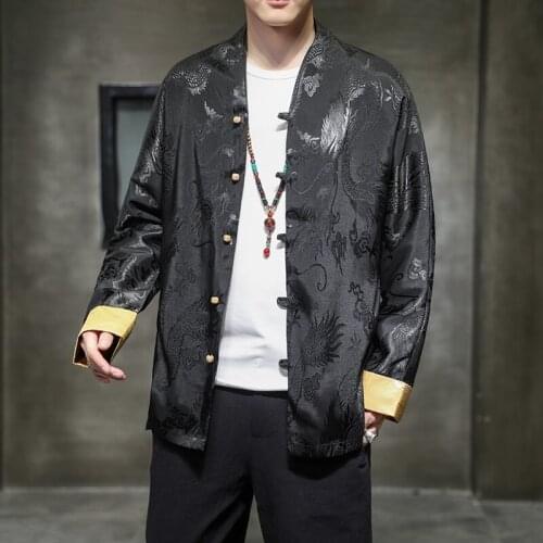 2021 New Year Chinese Dragon Shirt Mens Tang Suit Long Sleeve Coat Elegant Kung Fu Shirt Hanfu Men Vintage Streetwear Top KK3409