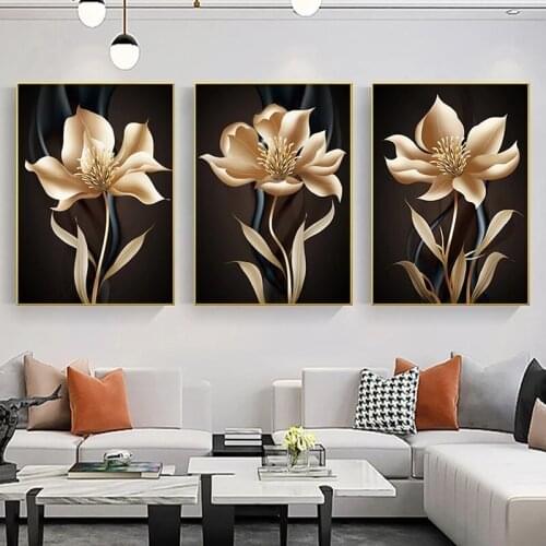 Modern Abstract Black Golden Luxury Flower Wall Art Canvas Painting Posters And Prints Wall Pictures For Living Room Home Decor