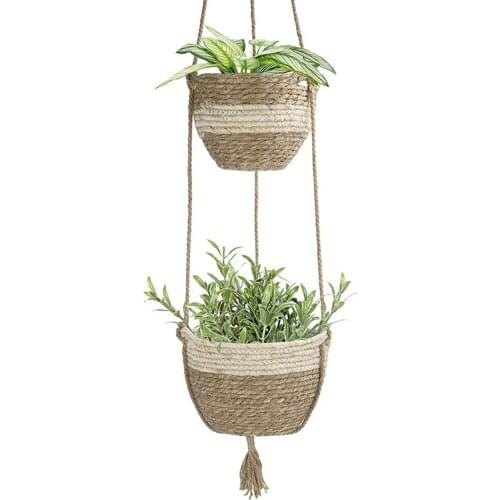 Hanging Planter Basket, 2 Tier Round Vertical Flower Plant Pot, Natural Seagrass Flower Plant Pots, Beige Hanging Flower Pots