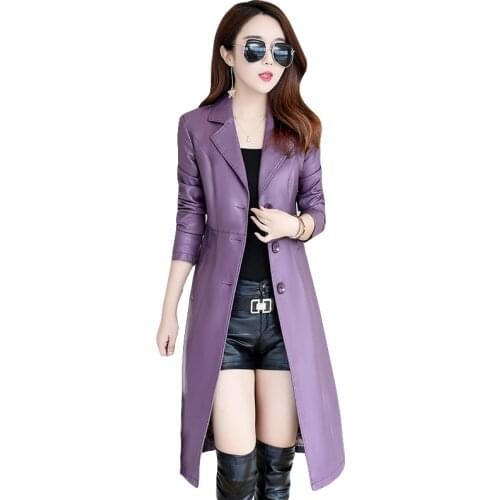 Autumn Winter Plus Size M-5XL Red and Black Pu Leather Women Long Coat Single Breasted Suit Collar High Street Female Jacket 105
