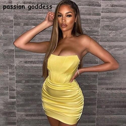 Passion Goddess New 2021 Summer Women Fashion Strapless Sleeveless Solid Runched Bodycon Mini Sexy Night Club Wear Party Dresses