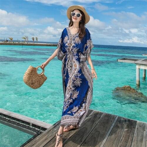 2020 new Summer Ethnic style Thai beach Dress Women vintage seaside vacation Dresses Summer Large Size Sanya Print Dress M58
