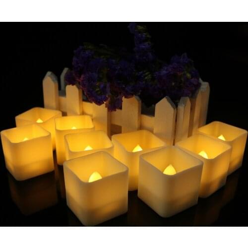 12pcs Battery Powered LED Candle Warm White Lamp Simulation Color Square Flame Flashing Tea Light Bar Wedding Party Decoration