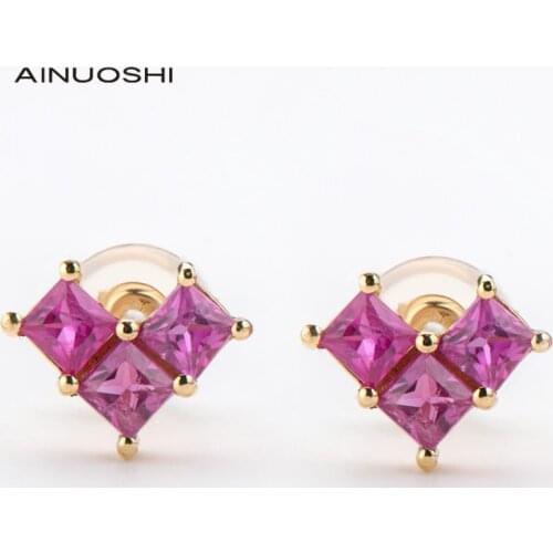 AINUOSHI 18K Rose Gold Princess Cut Natuarl Ruby 3-Stone Stud Earrings For Women Puck Rock Vintage Handmade Jewelry Gift