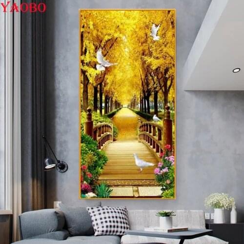 DIY Diamond Painting Golden Tree Pigeon Bridge Autumn Landscape 5D Diamond Mosaic,Handmade,Cross Stitch Kits,Diamond Embroidery