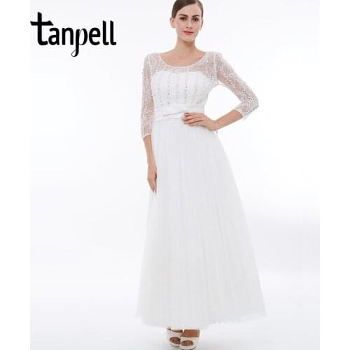 Tanpell long prom dress white scoop 3/4 length sleeves floor length a line dresses beaded ribbons back lace up formal prom gown