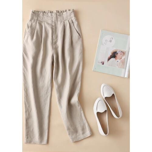 Women Summer Fashion Japan Style Solid Color High Quality Cotton Linen Slim Ankle Length Harem Pants Office Lady Casual Trousers