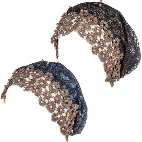 Women Muslim Mesh Stretch Hijab Turban Cap Embroidery Floral Lace Beanie Headwrap Faux Pearl Beaded Bonnet Chemo Hat