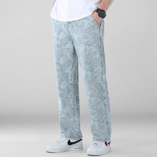 Plus Size Light Bule Print Harajuku Loose Straight Jeans 5XL man Vintage Loose Long Trousers male Street Denim Pants