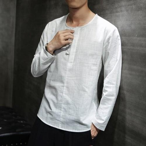 2021 Summer T Shirts Mens White Cotton Linen Top Buckle Grey Traditional Chinese Clothing For Mens Oriental Style Kung Fu Top