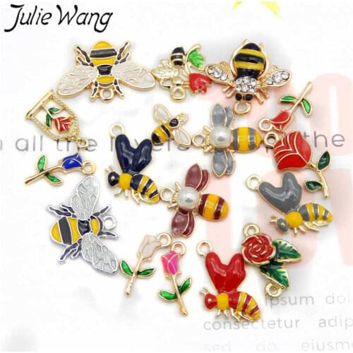Julie Wang 15PCS Enamel Bee Rose Charm Mixed Flowers Insect Alloy Gold Tone Necklace Bracelet Earring Jewelry Making Accessory