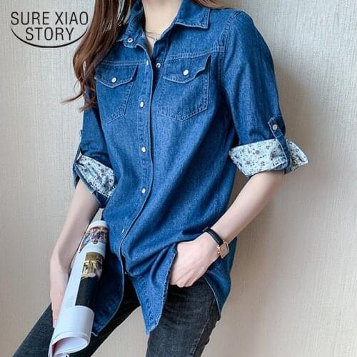 Spring New 2021 Vintage Denim Button Up Shirt Coat Korean Long Sleeve Top Women Jacket Plus Size Loose Casual Blouse Women 11968