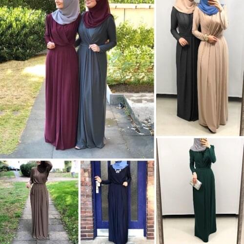 Muslims Women Fashion Summer New Abaya V-Neck Lace-Up Pleated Long Dress