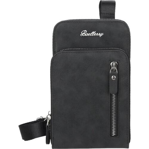 Baellerry Mens Large Capacity Mobile Phone Bag Zipper Messenger Bag Male PU Chest Bag Black