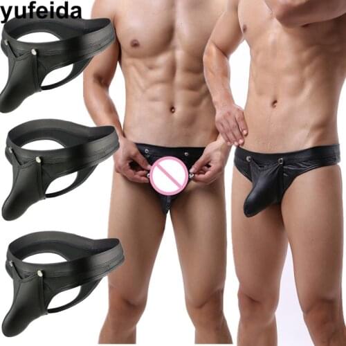 PU Leather Sexy Mens Underwear Briefs Low Rise Sissy Panties Big Penis Pouch Jockstrap Mens Briefs Gay Male Bikini Underpants