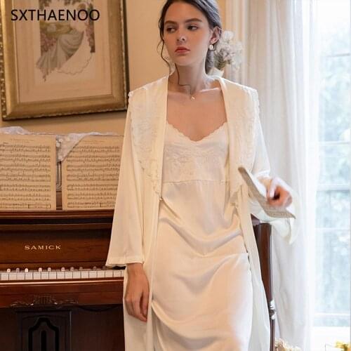 SXTHAENOO Vintage Exquisite Embroidery Long-Sleeved Nightgown Suspender Nightdress Silk Sexy Home Service 2pcs пижама pijamas