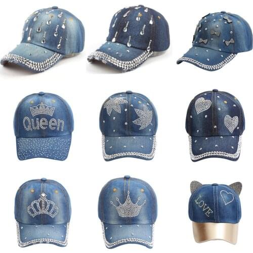 New High Quality Cool Denim Baseball Cap Rhinestone Bow Crown Water Drop Hip Hop Adjustable Snapback Hat Gorra For Women