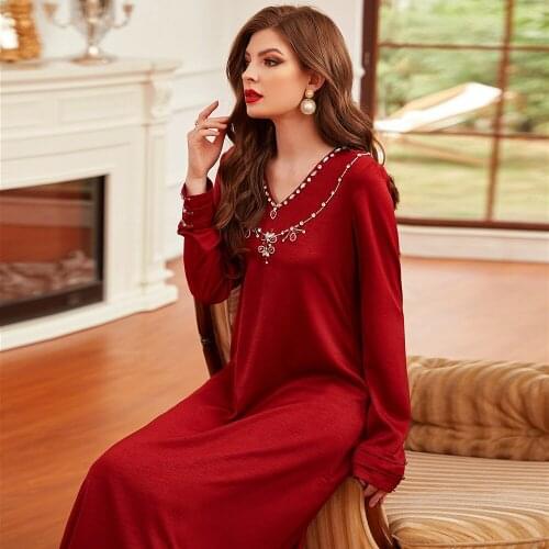 FridayIn Autumn New Women Middle Eastern Clothes Acetate Satin Burgundy Hand-stitche Zircon Robe Muslim Long-sleeve Abaya Dress