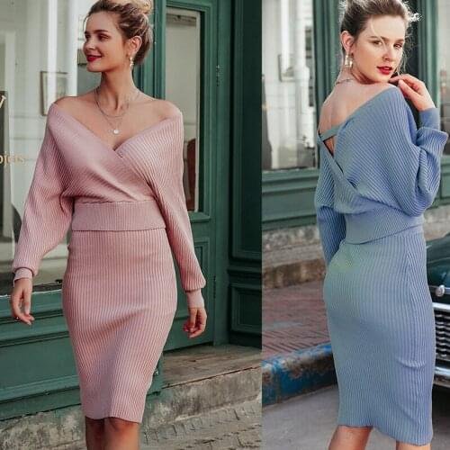 New Sexy V-Neck Women Knitted Off-Shoulder Sweater Dress Two-Piece Package Hip Knitted V-Neck Strapless Dress Suit Sweater Dress