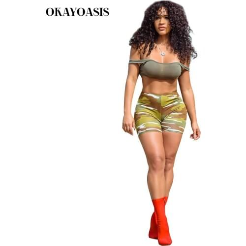 OKAYOASIS Camouflage Playsuits Women Jumpsuits 2 Piece Summer Off Shoulder Overalls Casual Short Rompers S-XXXL