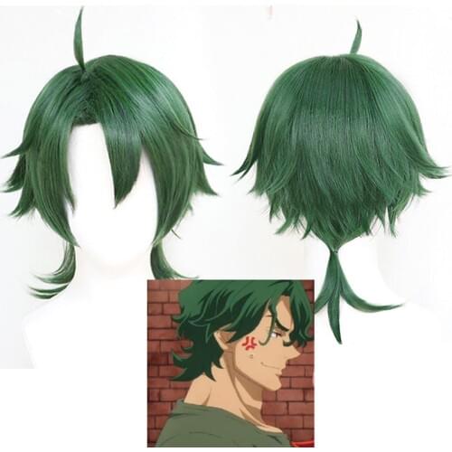 Anime SK∞ Joe Cosplay Wig Green Short Straight Mullet Little Ponytail Heat Resistant Hair Role Play SK8 the Infinity + Wig cap